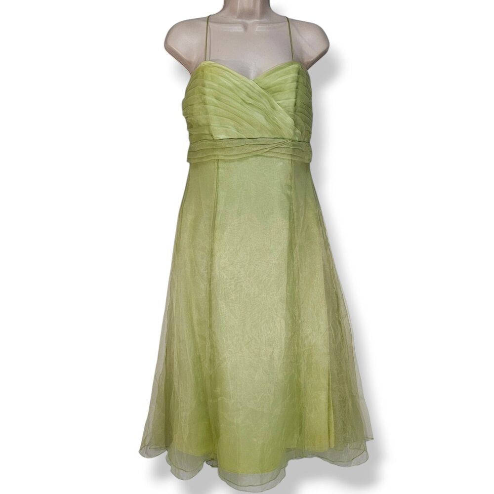 Y2K WTOO Watters Green Organza Pleated A-Line Dress Size 10 Fairy Nymph Coquette
